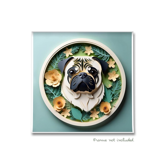 Pug Papercut Art: 12x12 Tan Pug Dog Pet Portrait Digital Art Print, Memorial - Picture 2 of 7